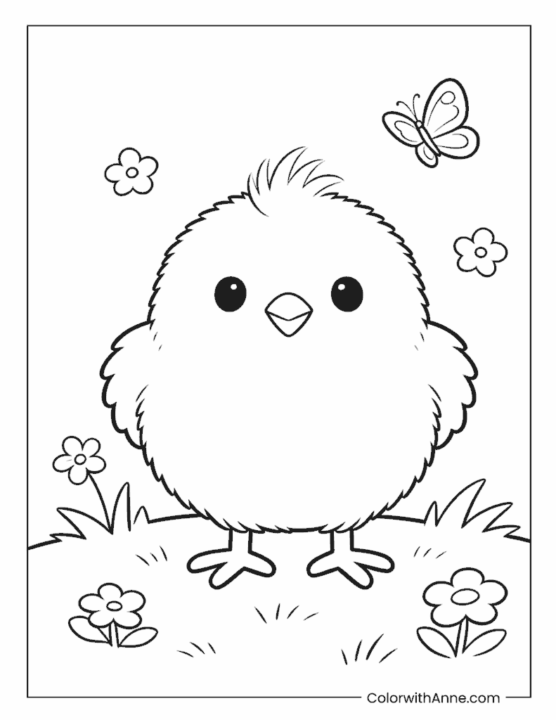Chick in the Grass with a Butterfly Coloring Page