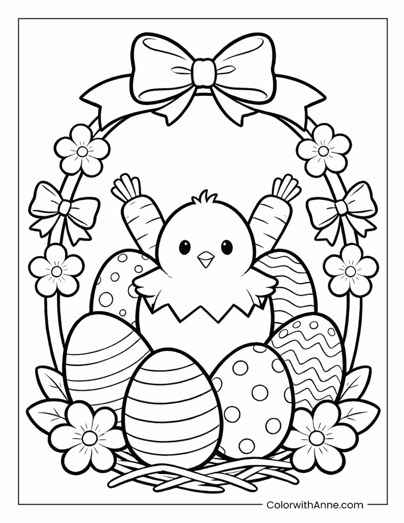 Chick with Easter Eggs in a Nest Coloring Page
