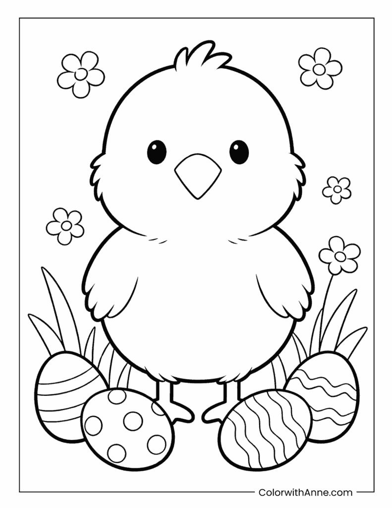 Chick with Patterned Easter Eggs Coloring Page