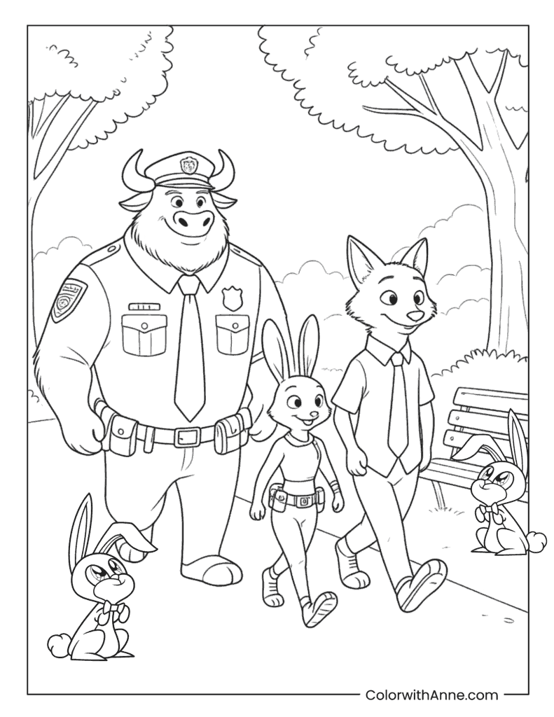 Chief Bogo, Judy Hopps, and Nick Wilde Walking in the Park Coloring Page