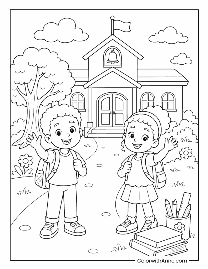 Children Arriving for the First Day of School Coloring Page