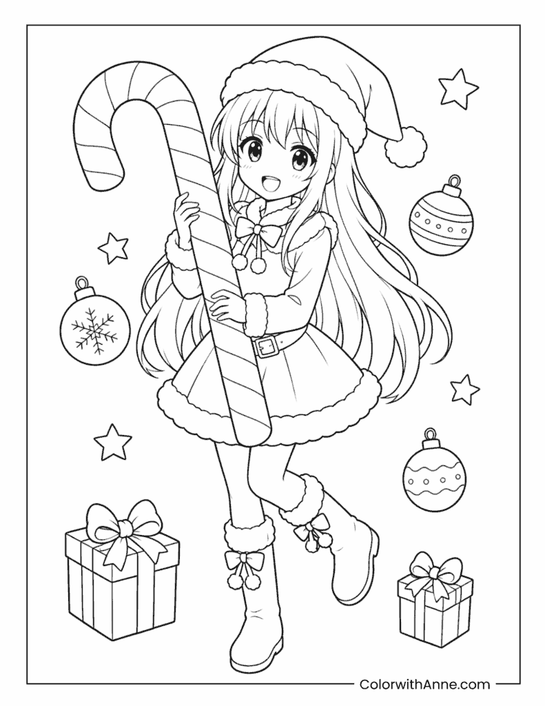 Christmas Anime Girl with Candy Cane Coloring Page