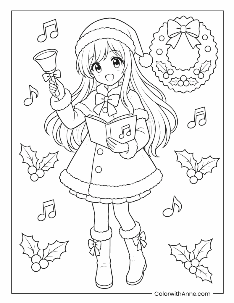 Christmas Carol Anime Girl Coloring Page