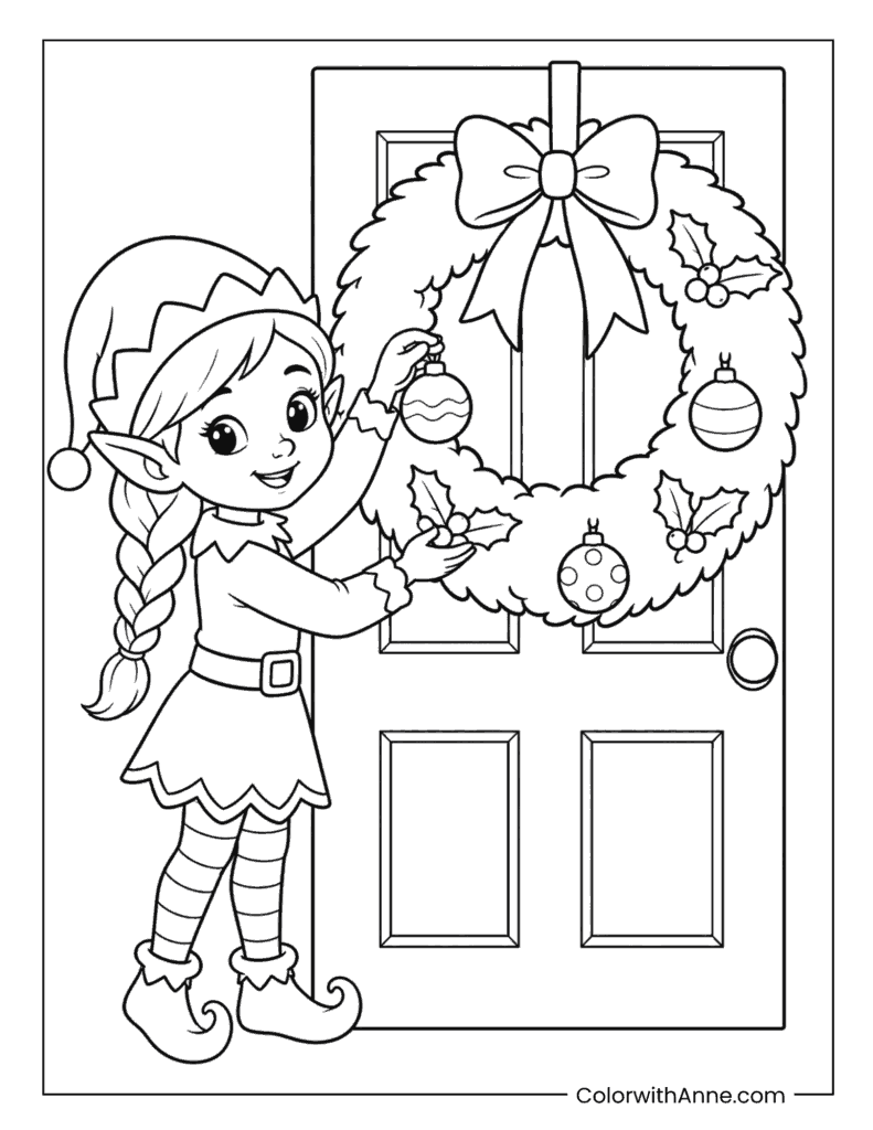Christmas Elf Hanging a Wreath Coloring Page