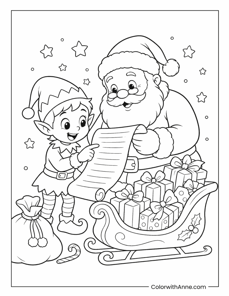 Christmas Elf Helping Santa Check His List Coloring Page