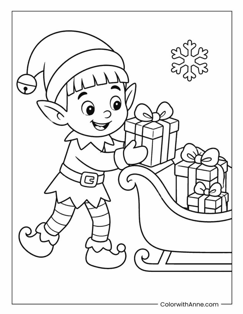 Christmas Elf Loading Presents into a Sleigh Coloring Page