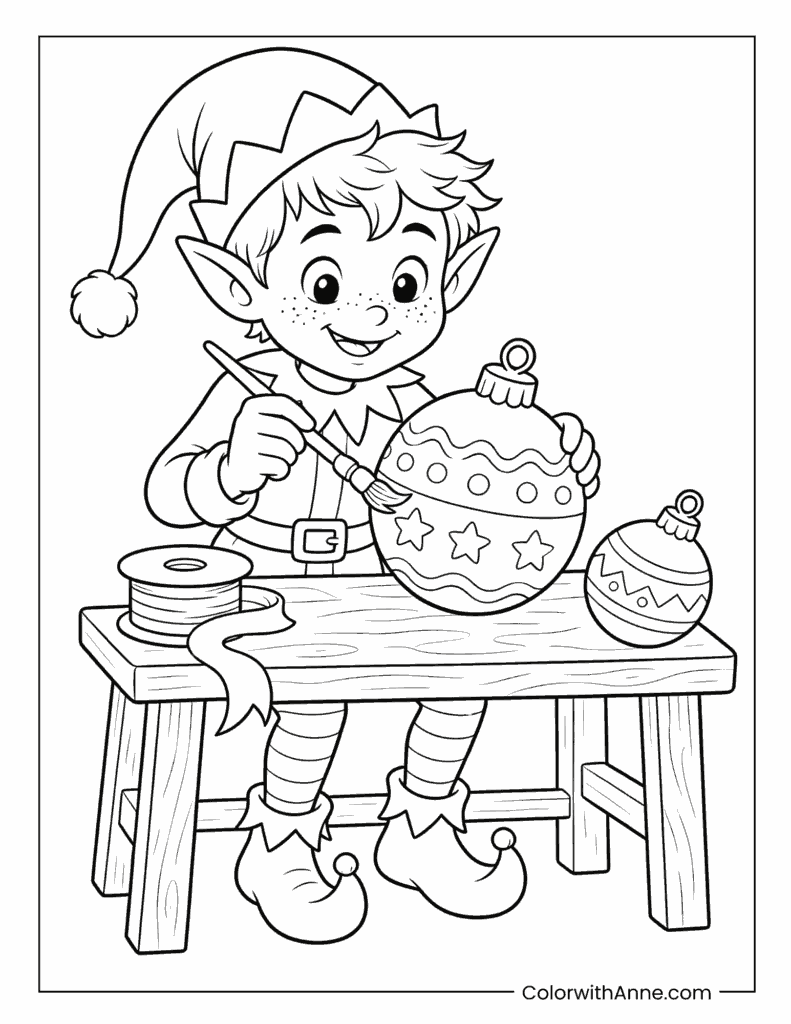 Christmas Elf Painting Christmas Ornaments Coloring Page