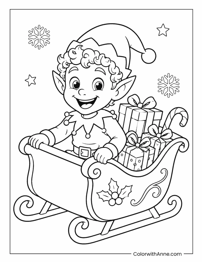 Christmas Elf Riding a Gift-Filled Sleigh Coloring Page