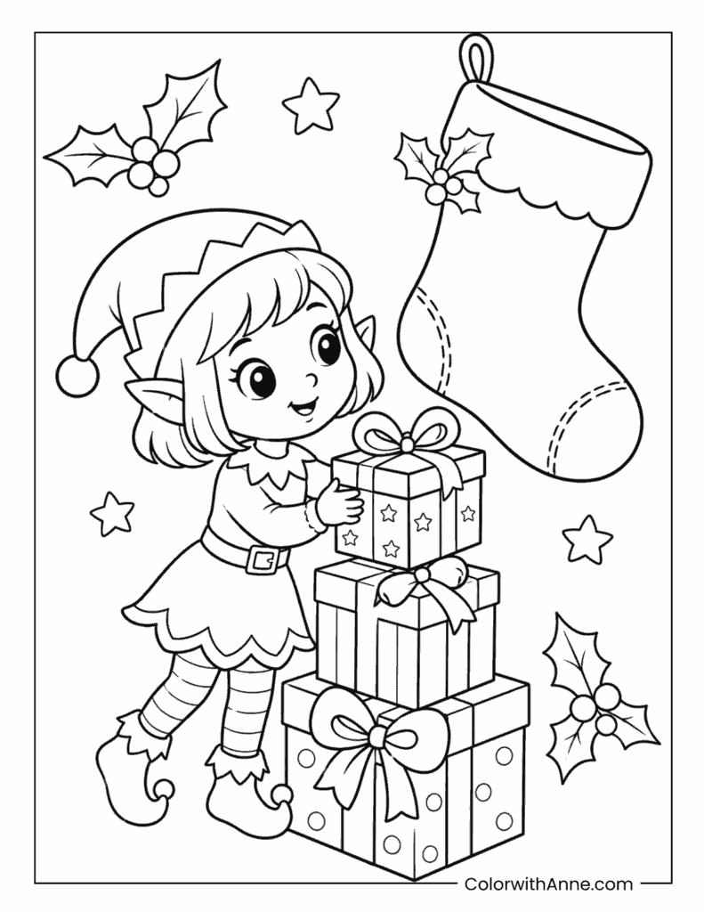 Christmas Elf Stacking Presents by a Stocking Coloring Page