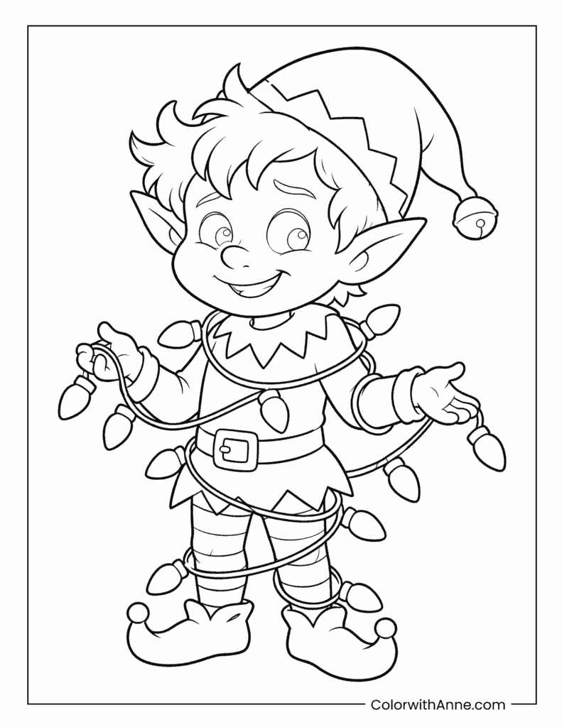 Christmas Elf Tangled in Christmas Lights Coloring Page