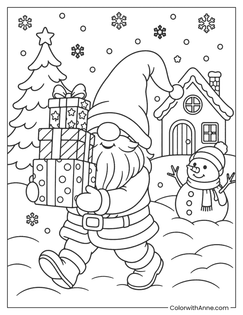 Christmas Gnome Carrying Gifts Coloring Page
