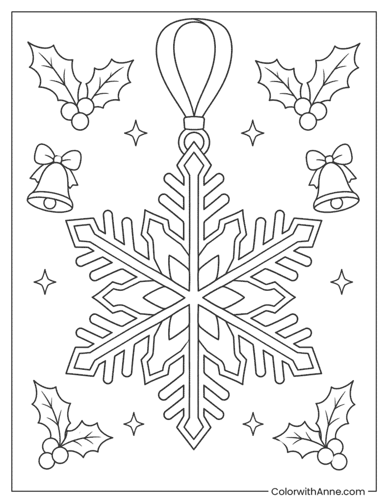 Christmas Holly Snowflake Ornament Coloring Page