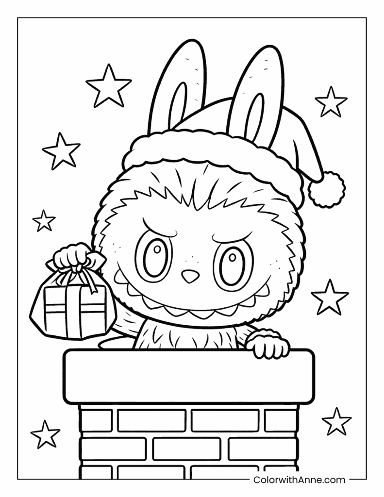 Christmas Labubu with Present Coloring Page