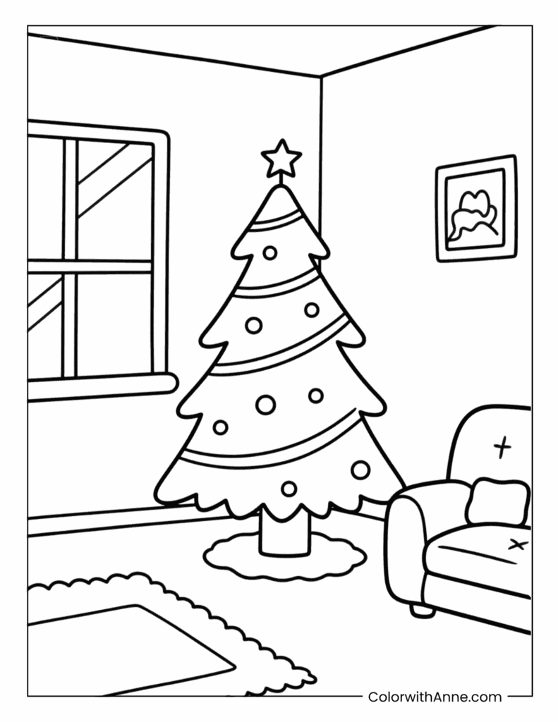 Christmas Tree in a Cozy Living Room Coloring Page