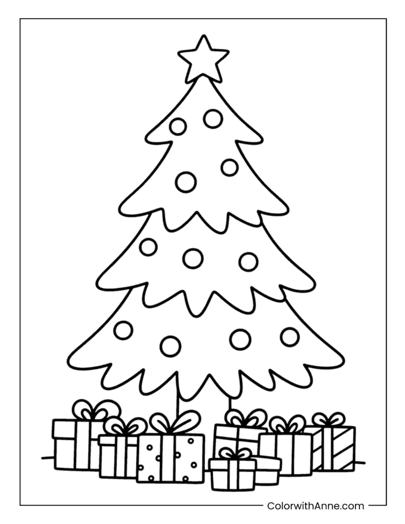 Christmas Tree with Many Gifts Underneath Coloring Page