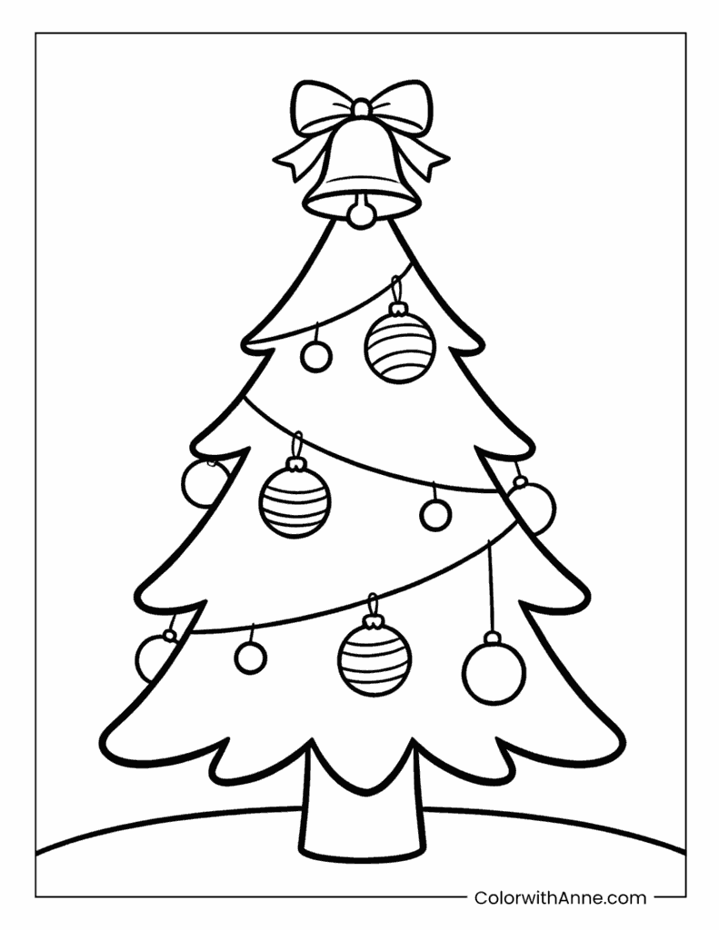 Christmas Tree with a Bell and Light Strands Coloring Page