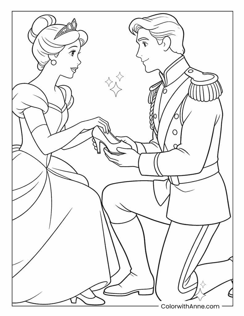 Cinderella and the Prince with the Glass Slipper Coloring Page