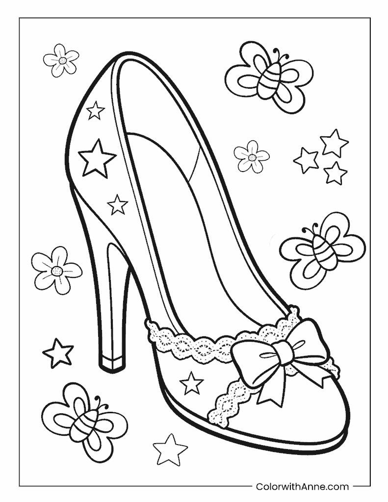 Cinderella’s Glass Slipper with Bow and Stars Coloring Page