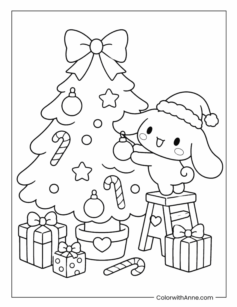 Cinnamoroll Decorating Christmas Tree Coloring Page