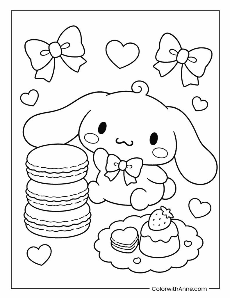 Cinnamoroll Dessert and Macarons Coloring Page