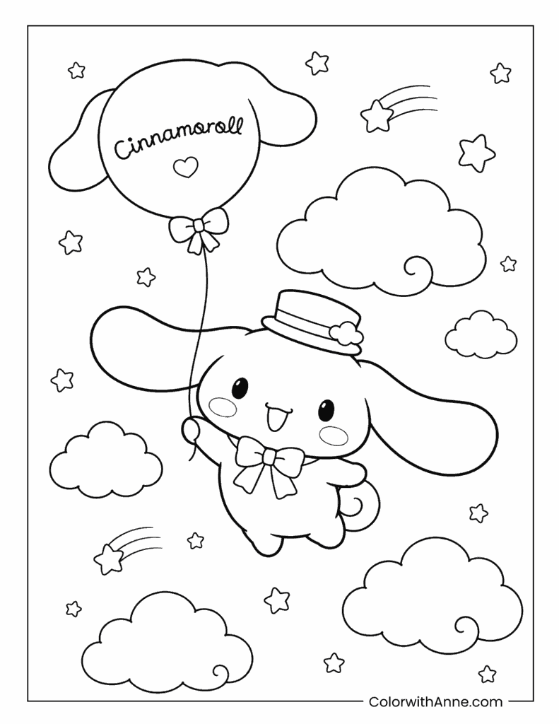 Cinnamoroll Floating with Balloon Coloring Page