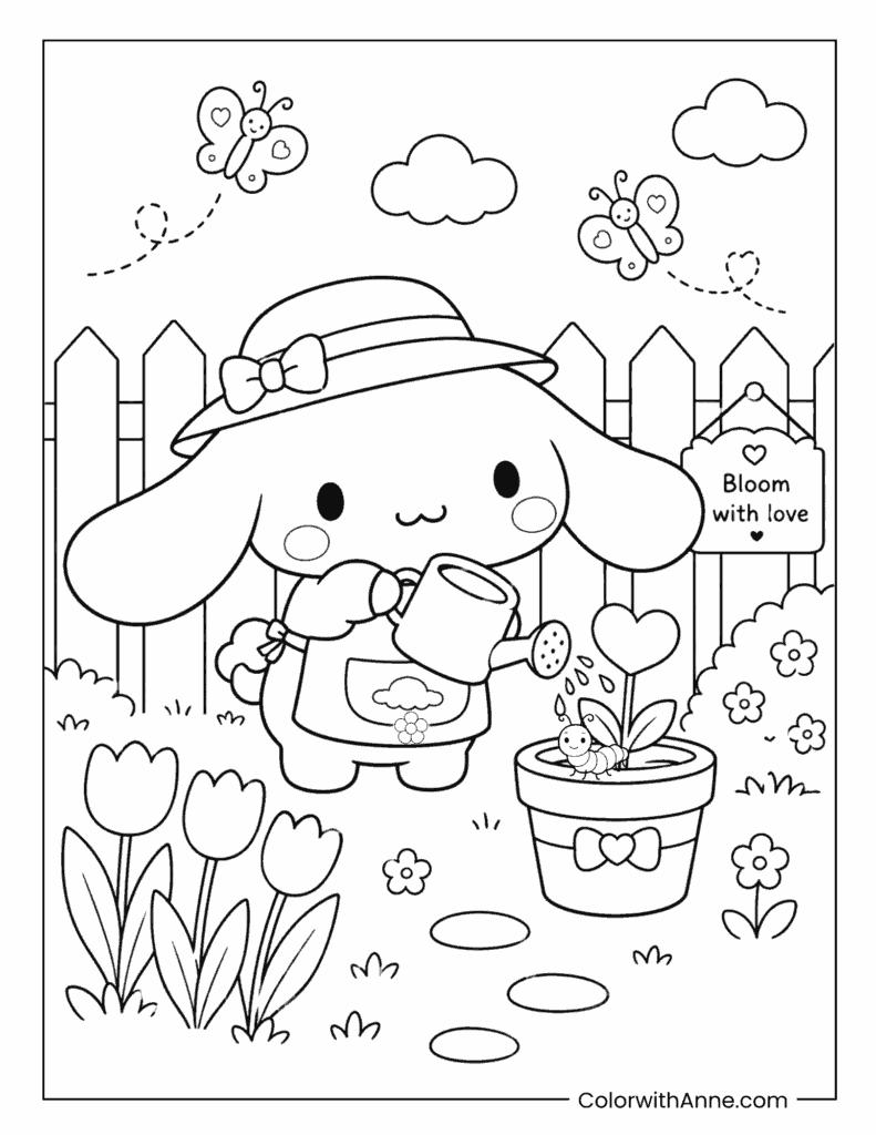 Cinnamoroll Gardening with Watering Can Coloring Page