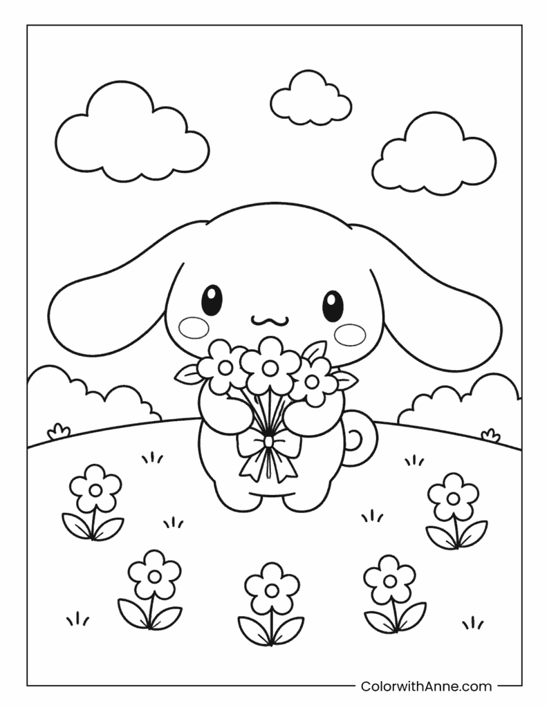 Cinnamoroll Holding Flowers Coloring Page