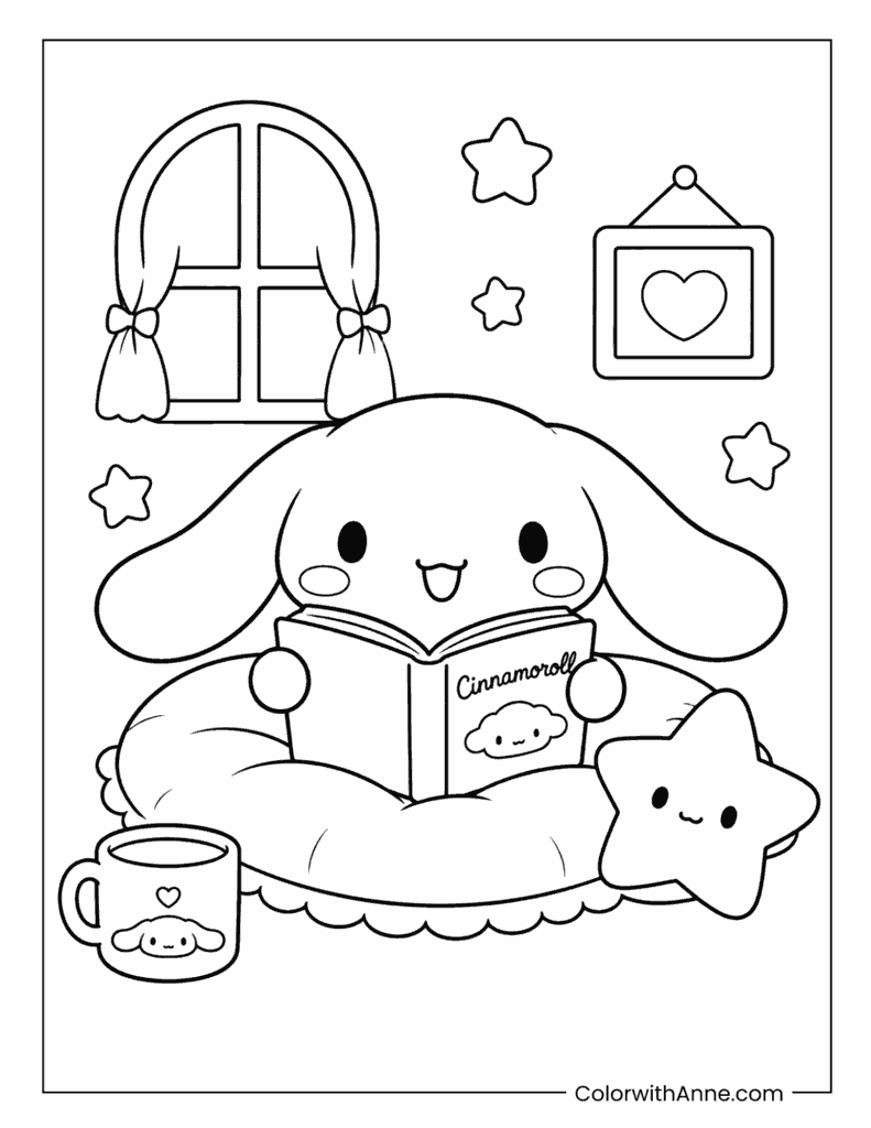 Cinnamoroll Reading Book in Bed Coloring Page
