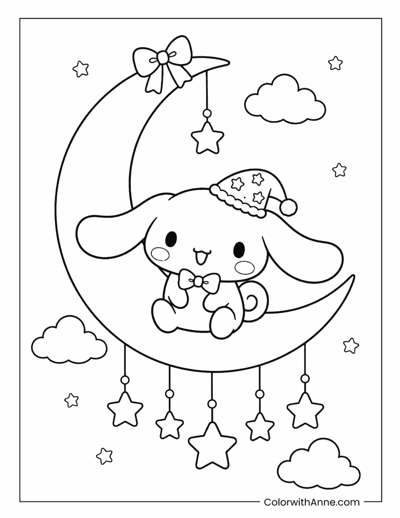 Cinnamoroll Sleeping on Moon Coloring Page