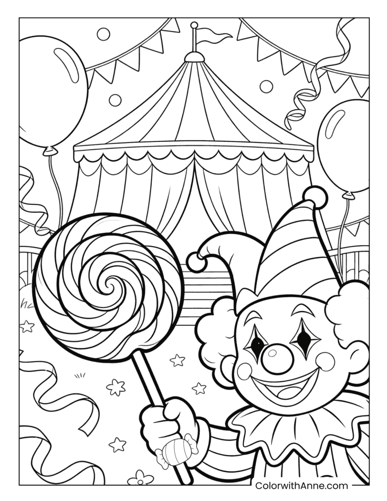 Circus Clown with Giant Lollipop Coloring Page