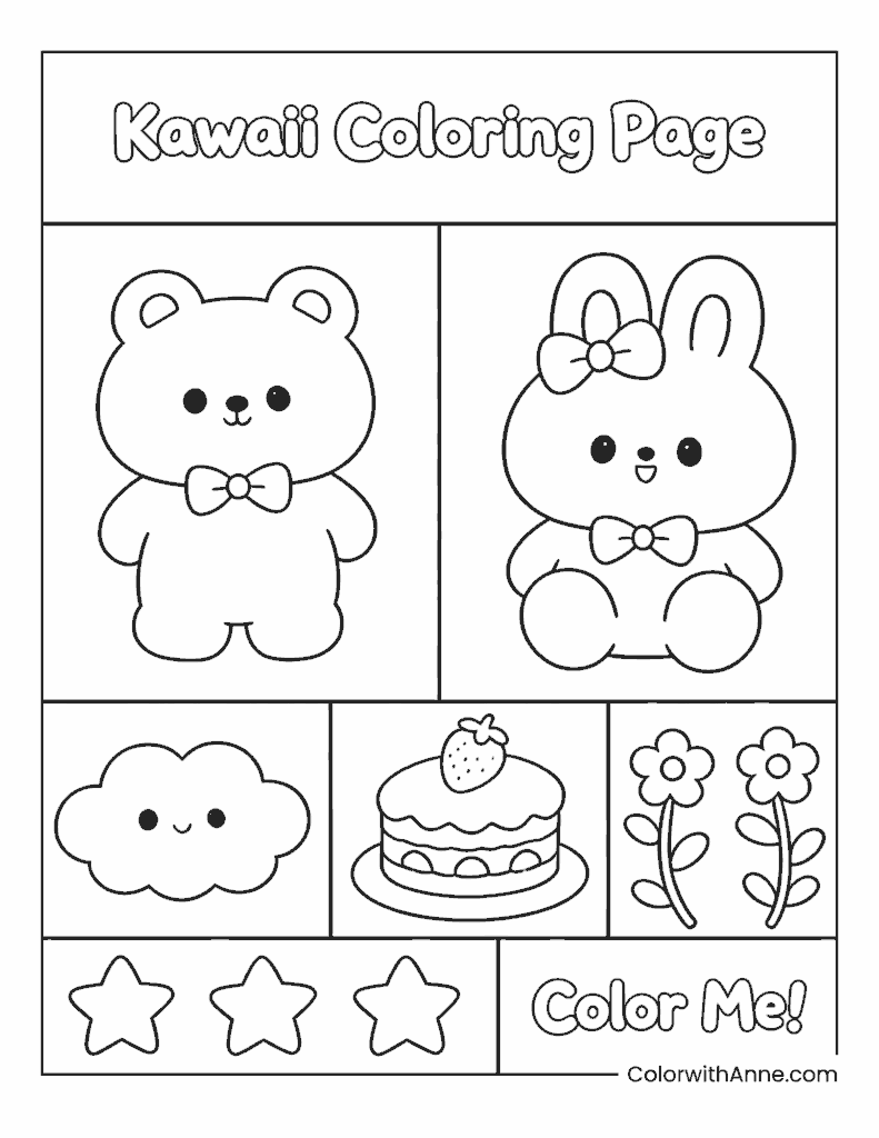 Classic Characters and Sweets Kawaii Coloring Page