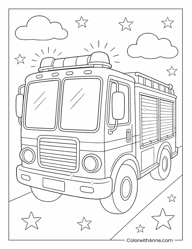 Classic Fire Truck with Clouds and Stars Coloring Page