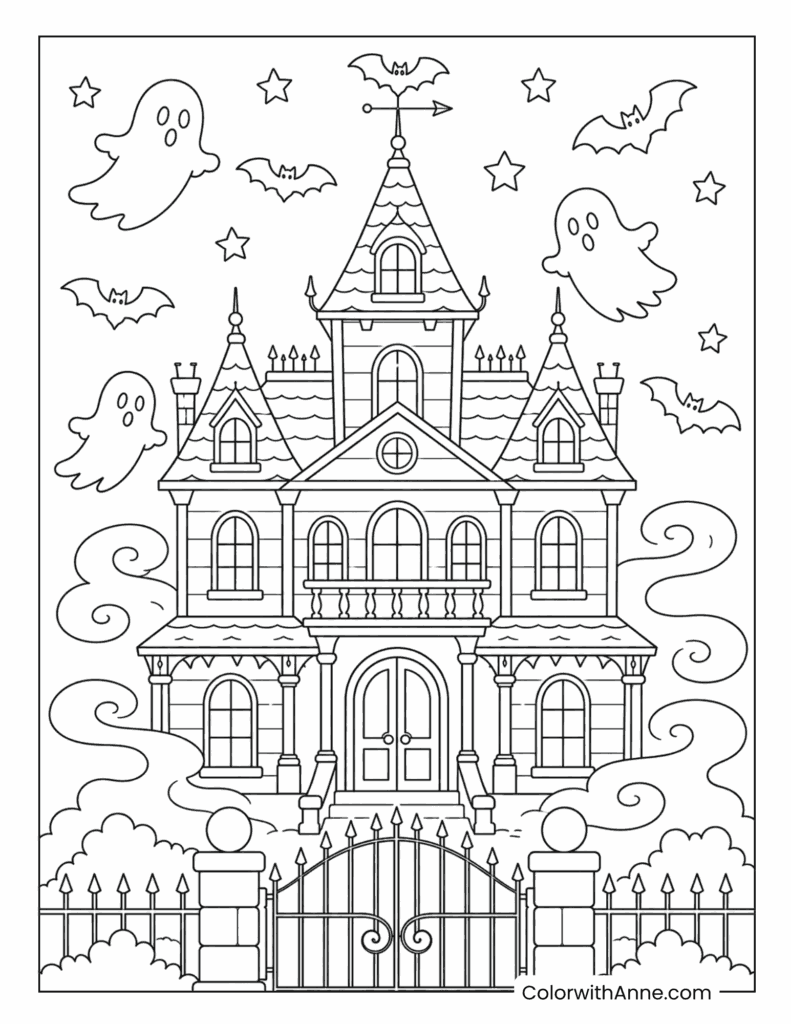 Classic Haunted Mansion with Ghosts, Bats, and Fog Coloring Page
