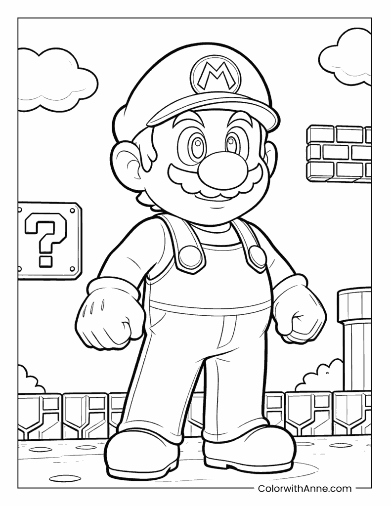 Classic Mario Pose with Game Elements Coloring Page