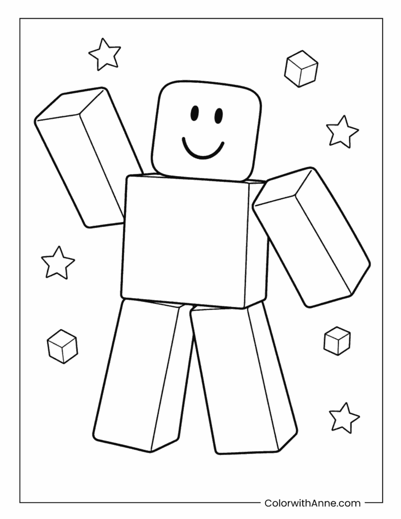 Classic Noob Avatar with Stars & Floating Cubes Coloring Page