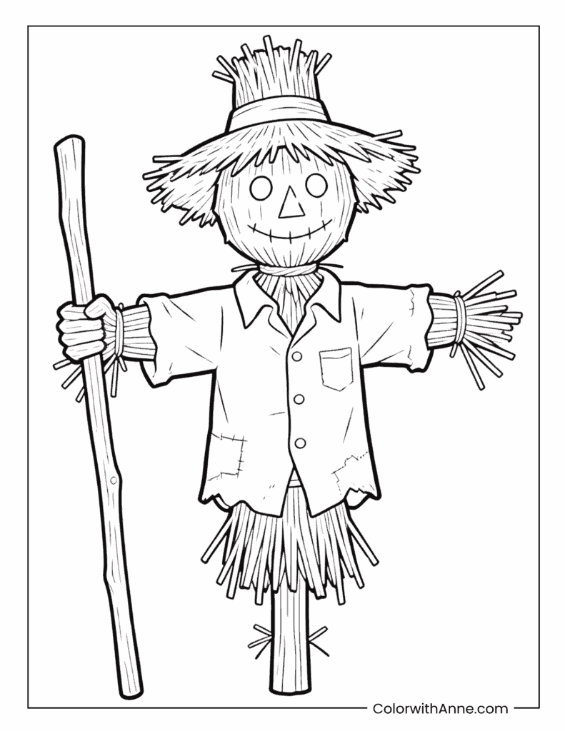 Classic Scarecrow with Hat and Stick Standing Pose Coloring Page