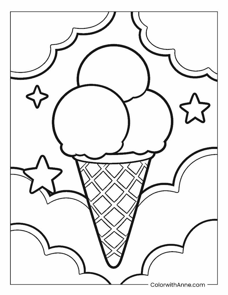 Classic Triple-Scoop Waffle Cone Ice Cream Coloring Page