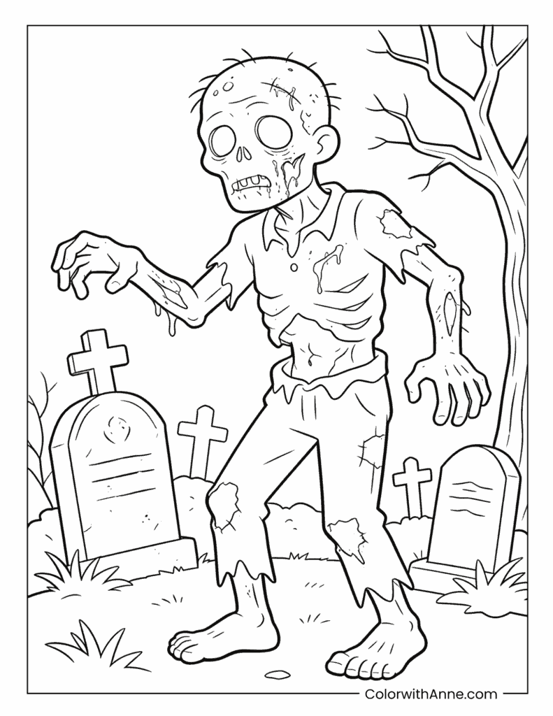 Classic Walking Zombie Horror Graveyard Coloring Page