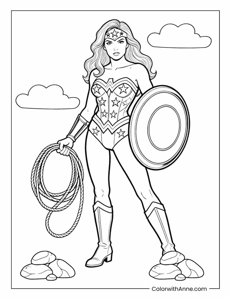 Classic Wonder Woman with Lasso and Shield Standing Coloring Page