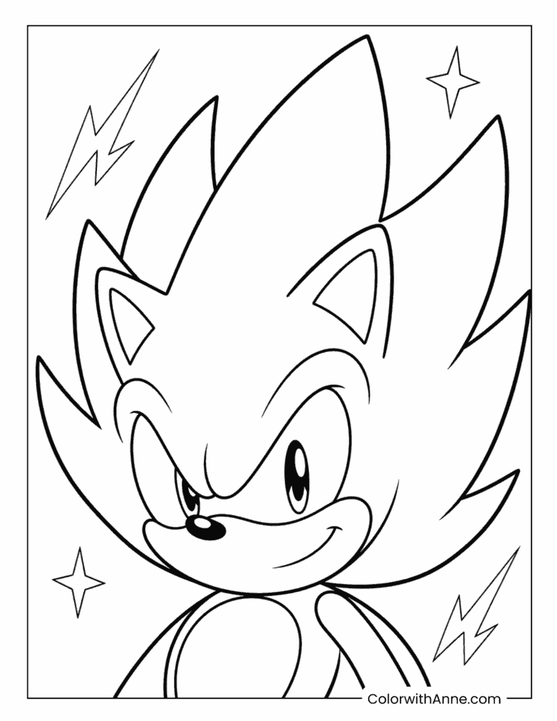 Close Up Portrait Of Super Sonic With Stars And Lightning Coloring Page