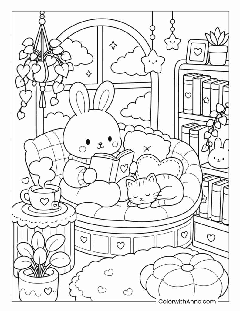 Cloudy Window Bunny Reading Cozy Coloring Page