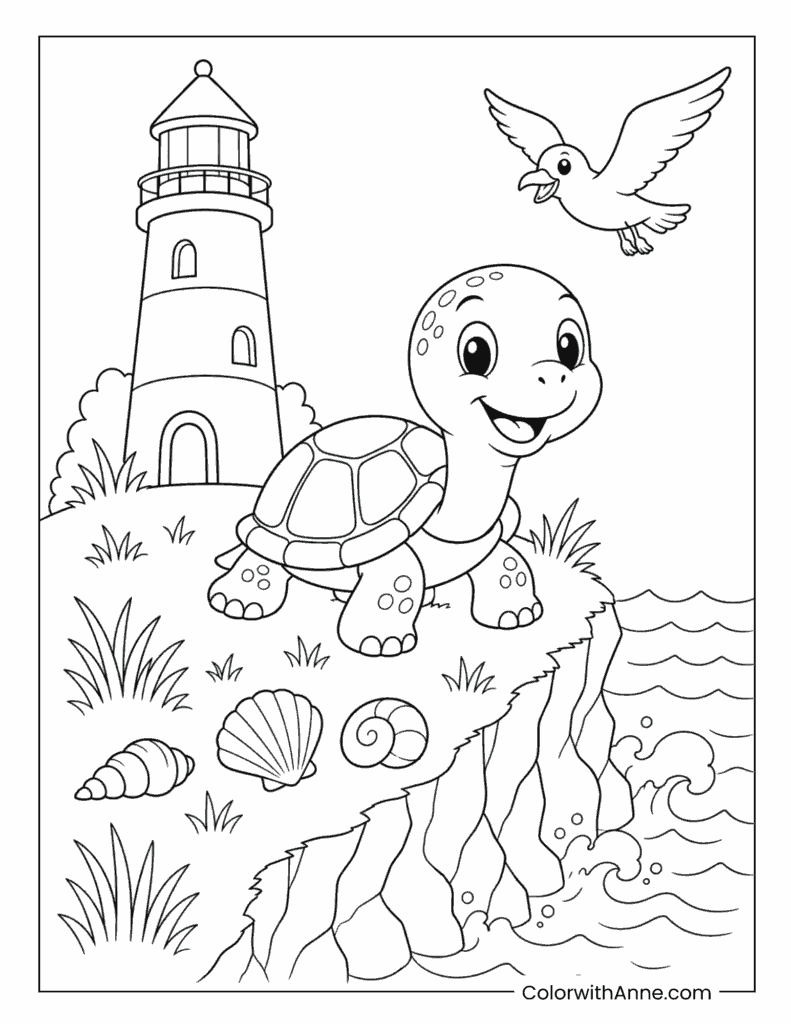 Coastal Turtle by the Lighthouse Coloring Page