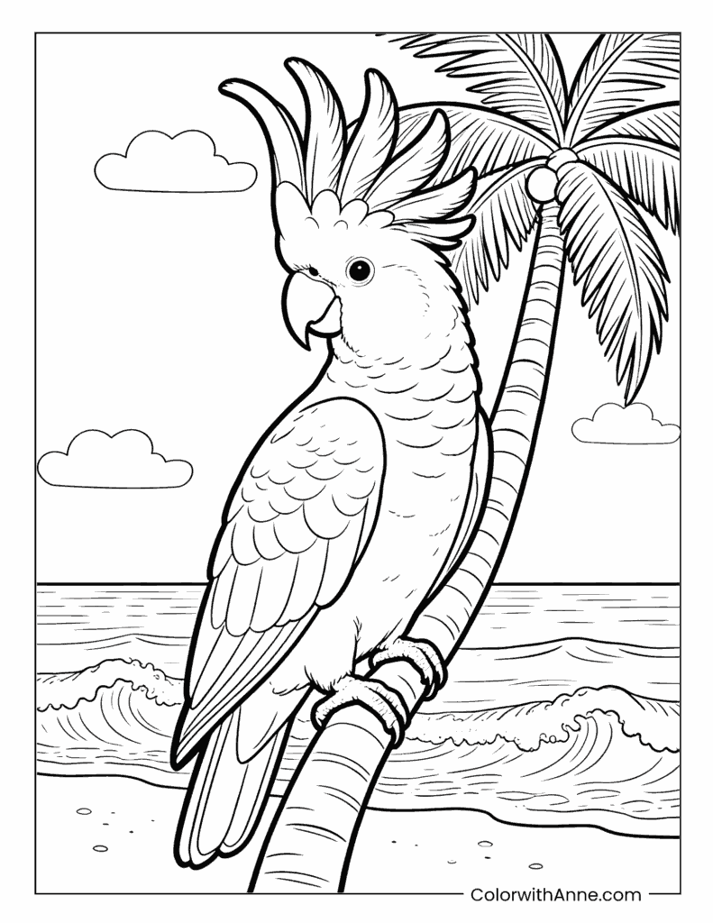 Cockatoo on Palm Tree at Sunny Beach Coloring Page
