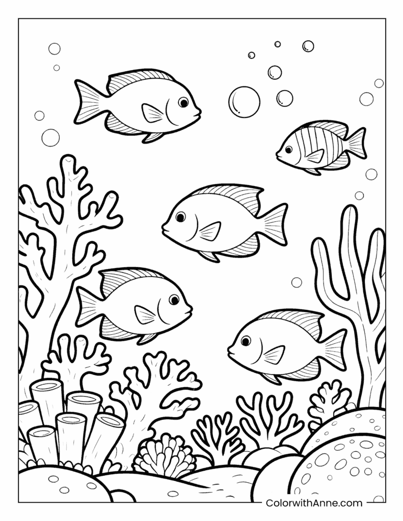 Colorful Fish in a Coral Reef Coloring Page