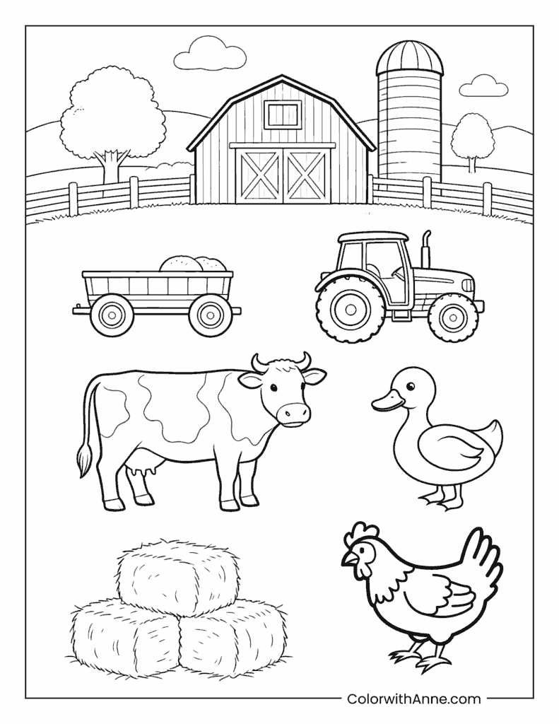 Complete Farm Landscape and Animals Coloring Page