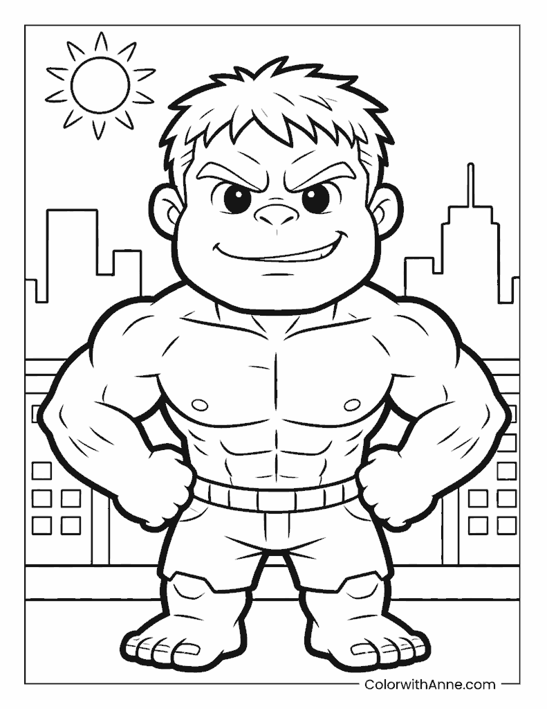 Confident Hulk in Front of a City Skyline Coloring Page