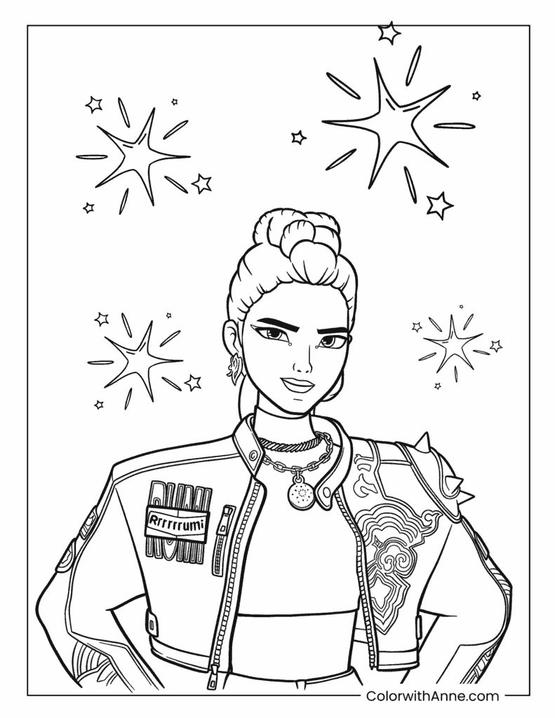 Confident Rumi with Sparkling Stars Coloring Page