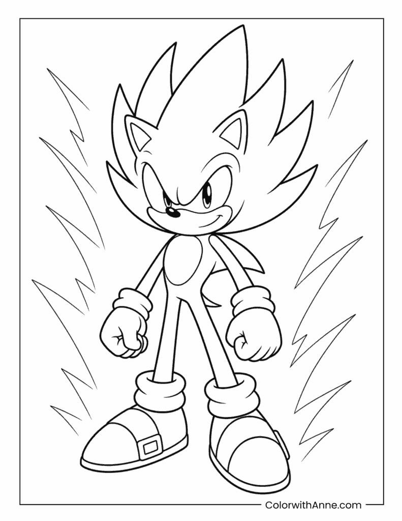 Confident Super Sonic Standing With Lightning Background Coloring Page