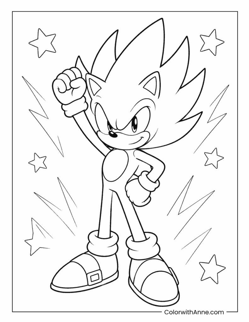 Confident Super Sonic With Raised Fist And Stars Coloring Page