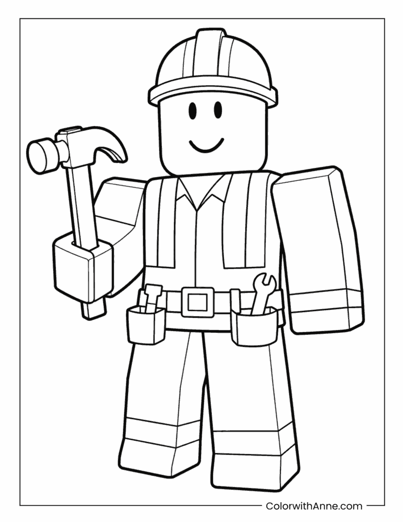 Construction Builder Noob with Hard Hat & Tools Coloring Page